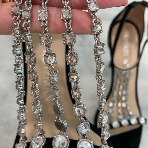 STUART WEITZMAN Stardust Black Suede Rhinestone Crystal Chain Heels Sandals - Picture 6 of 14